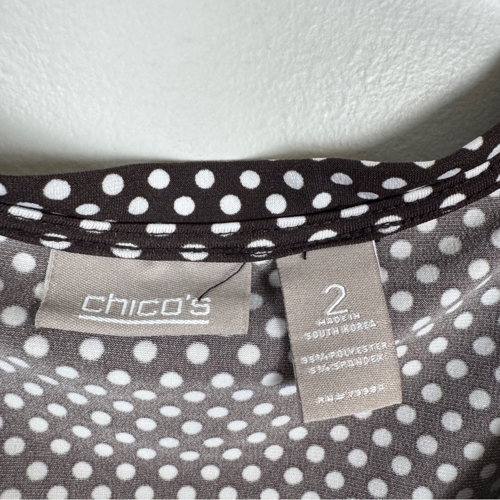 Chicos Size 2 (L/12) Top Blouse Brown White Polka Dots - Picture 3 of 4